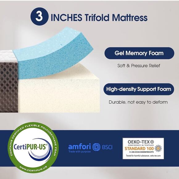 4 Inch Tri Folding Mattress Full Size Storage Bag, Foldable Memory Foam Topper - Picture 3 of 7